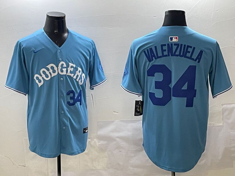 Men Los Angeles Dodgers 34 Valenzuela Light Blue Joint Name 2025 Nike MLB Jersey style 31620
